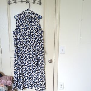 Anne Klein Navy and White Leaf Print Midi Dress